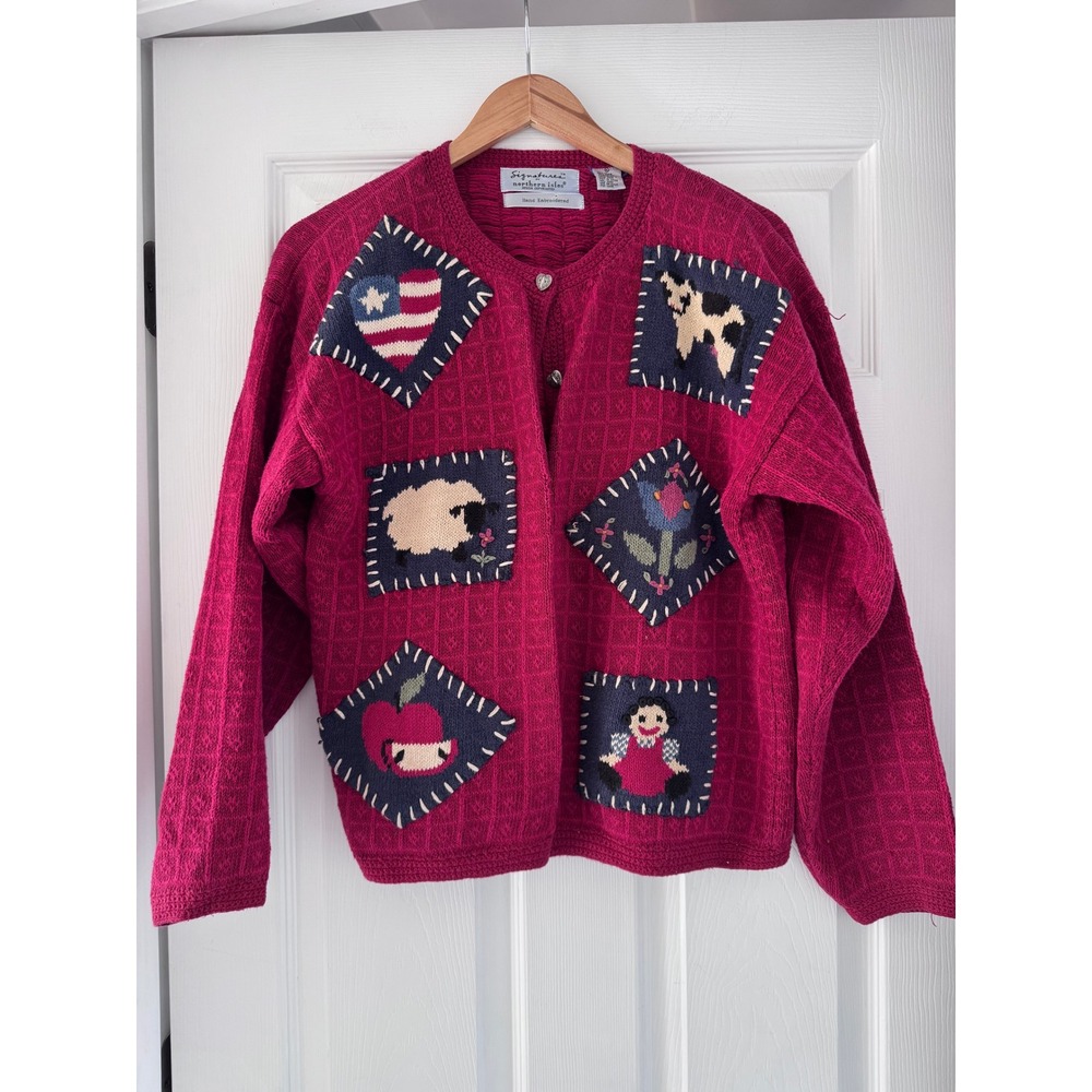 Vintage Patchwork Barnyard Patriotic Chunky Cardigan Cottagecore Grandmacore